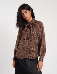 Leopard Print Tie Neck Blouse