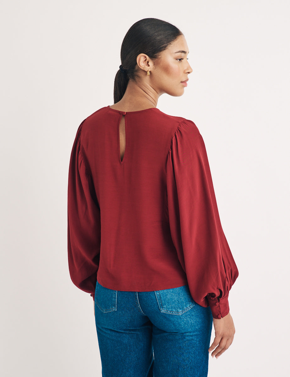 Red Satin Balloon Sleeve Blouse