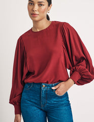 Red Satin Balloon Sleeve Blouse