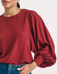 Red Satin Balloon Sleeve Blouse