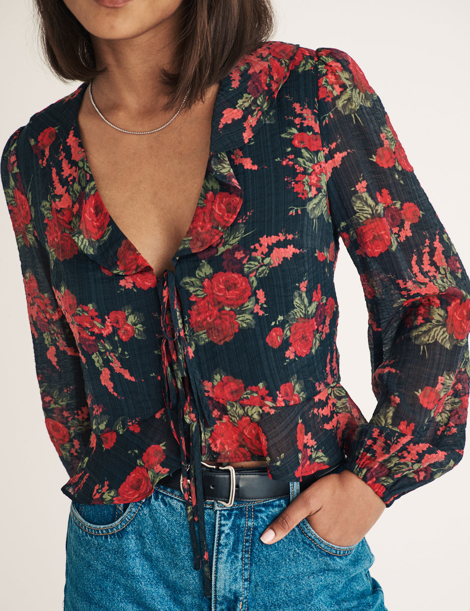 Red Floral Chiffon Tie Front Blouse