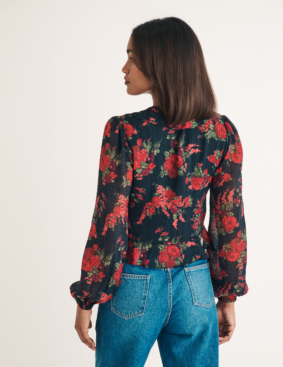 Red Floral Chiffon Tie Front Blouse