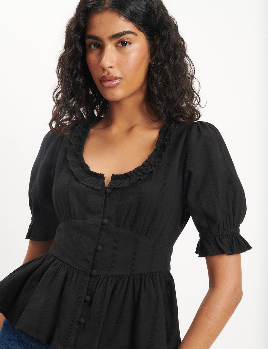 Black Flossie Puff Sleeve Blouse