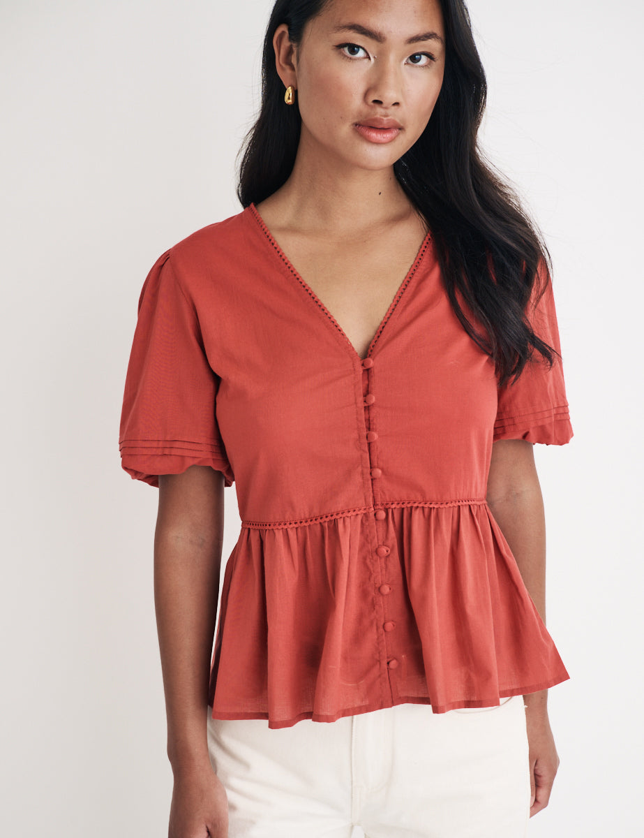 Red Puff Sleeve Peplum Blouse