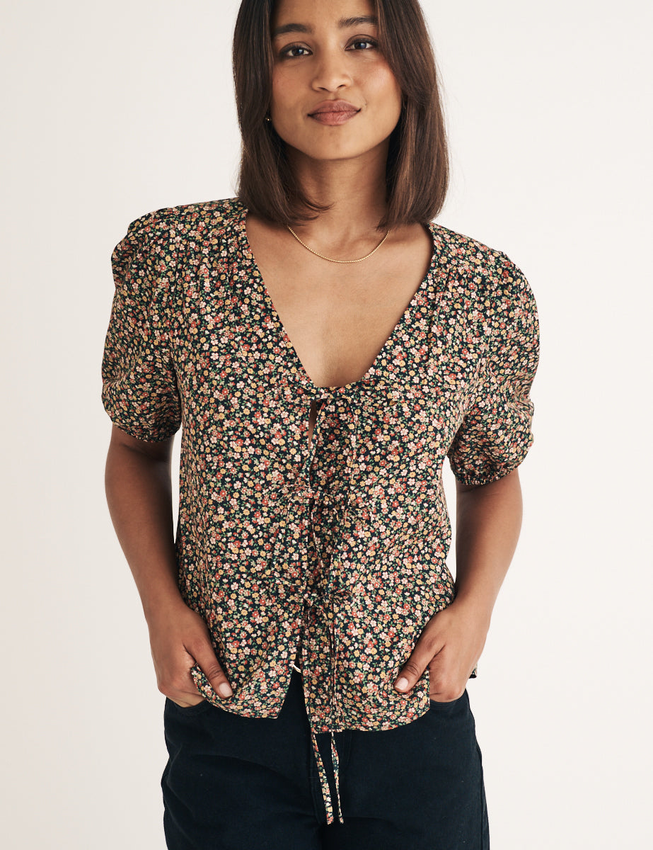Black Floral Tie Front Bernadetta Blouse