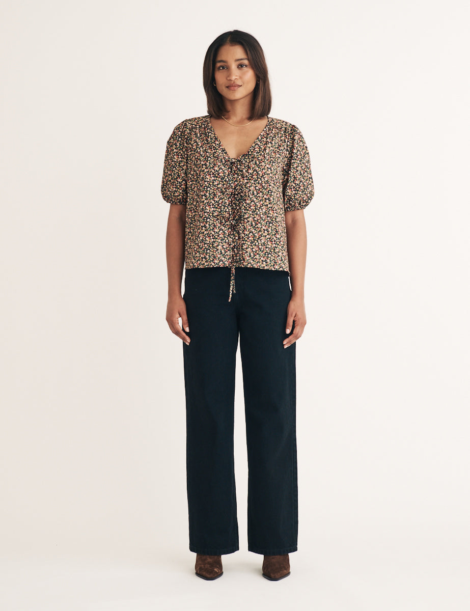 Black Floral Tie Front Bernadetta Blouse