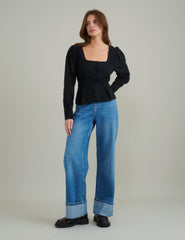 Black Broderie Button Down Top