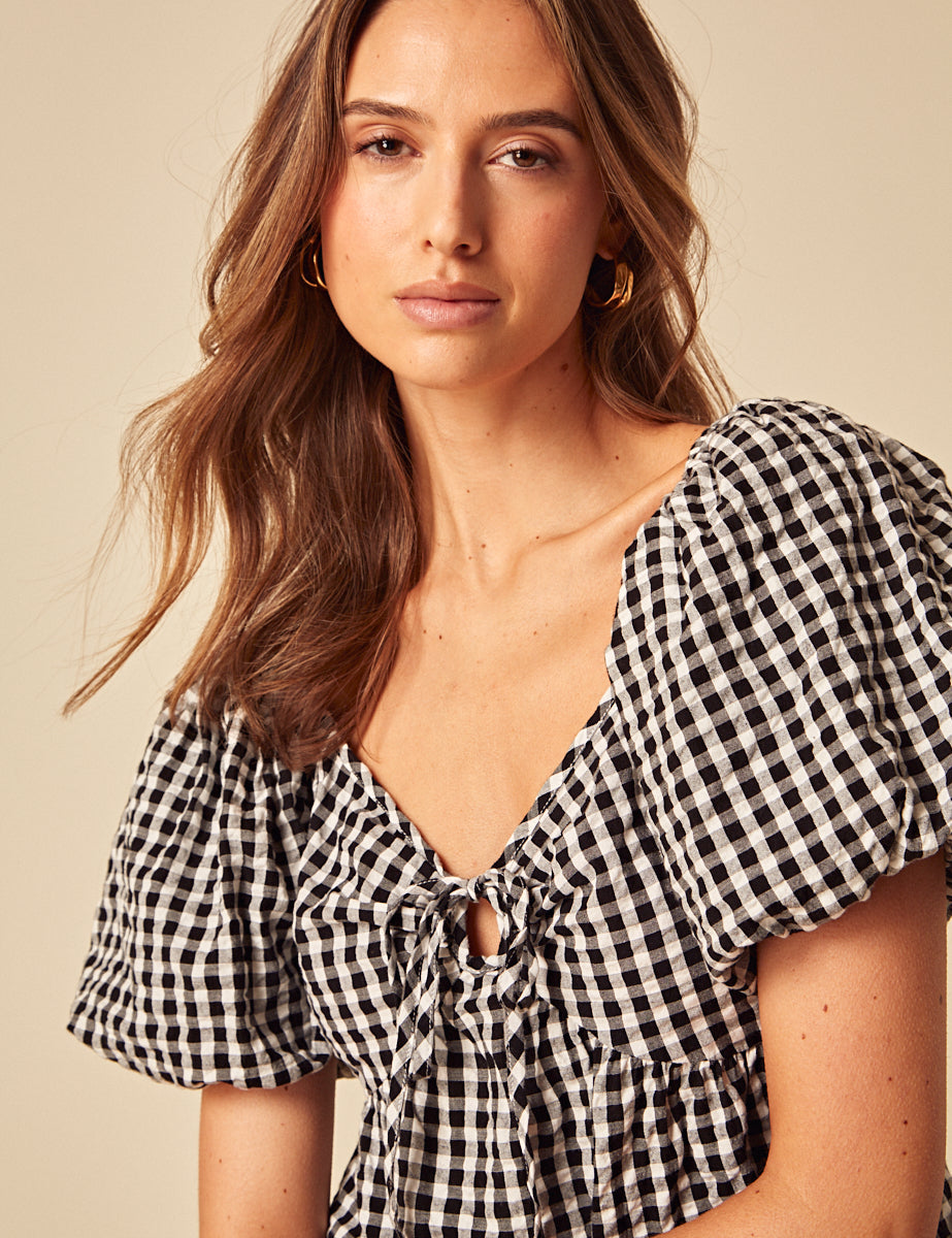 Black Gingham Puff Sleeve Top