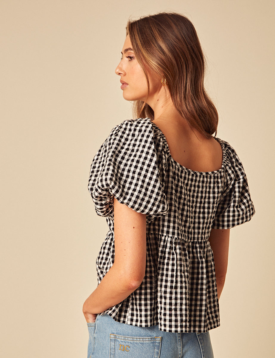 Black Gingham Puff Sleeve Top