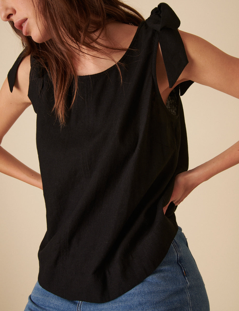 Black Linen-blend Tie Shoulder Swing Top