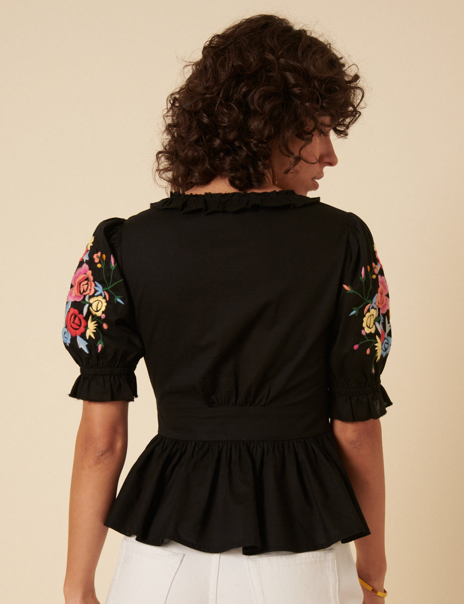 Black Floral Embroidered Flossie Top