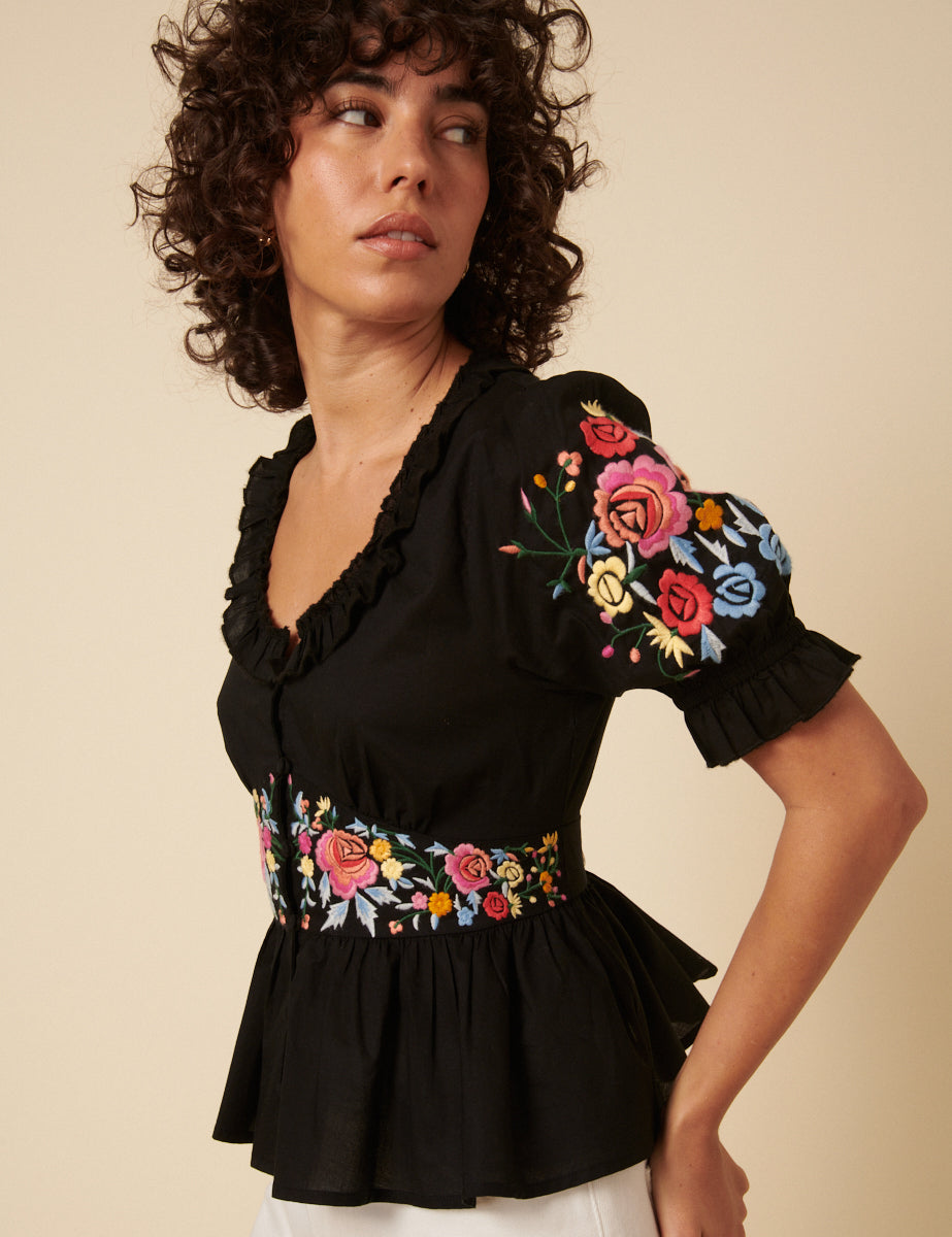 Black Floral Embroidered Flossie Top