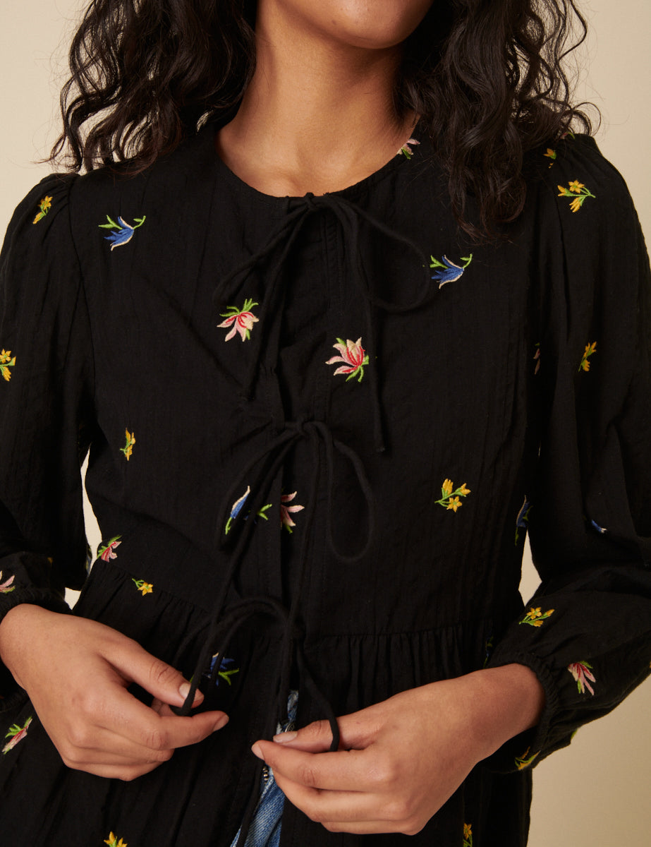 Black Floral Embroidered Tie Front Blouse