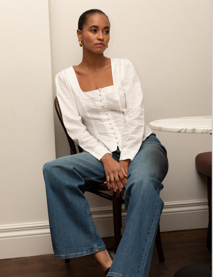White Seersucker Button Down Blouse