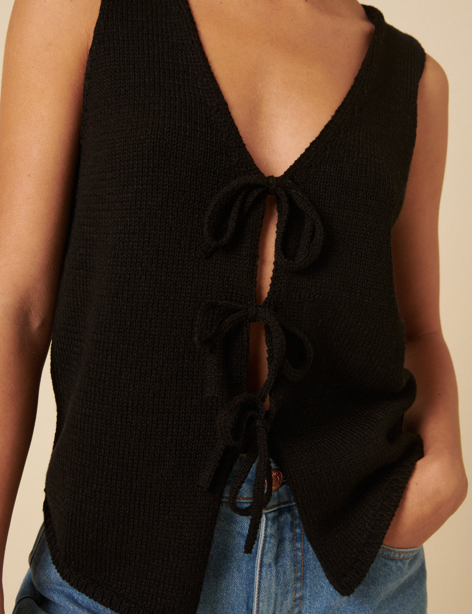 Black Tie Front Knitted Waistcoat
