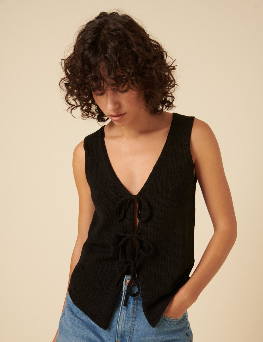 Black Tie Front Knitted Waistcoat