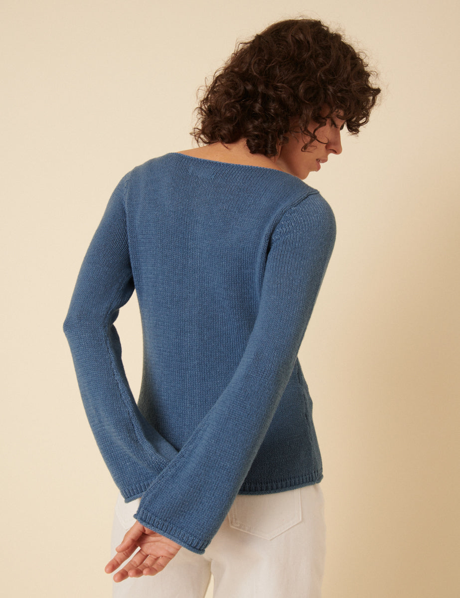 Blue Slash Neck Knitted Cardigan