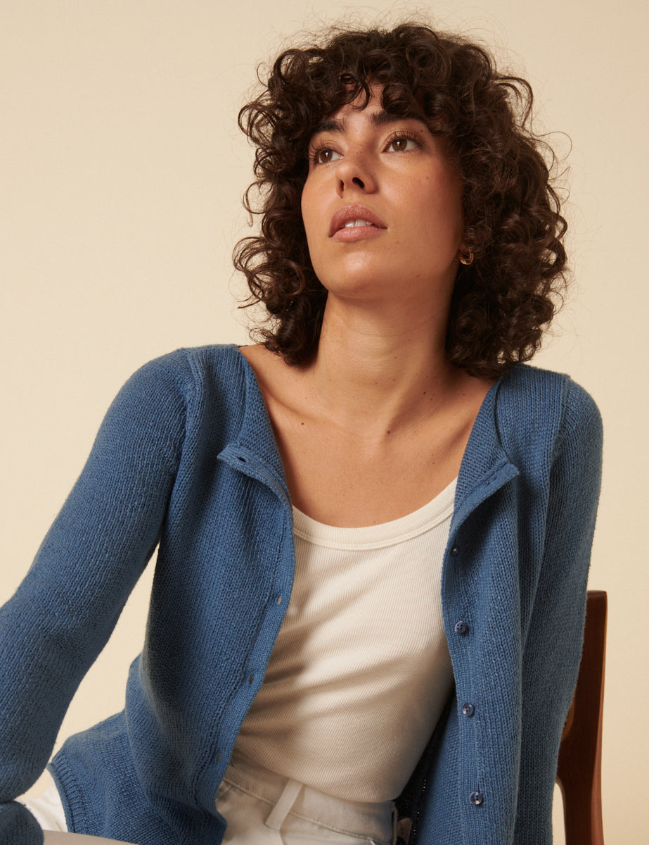Blue Slash Neck Knitted Cardigan
