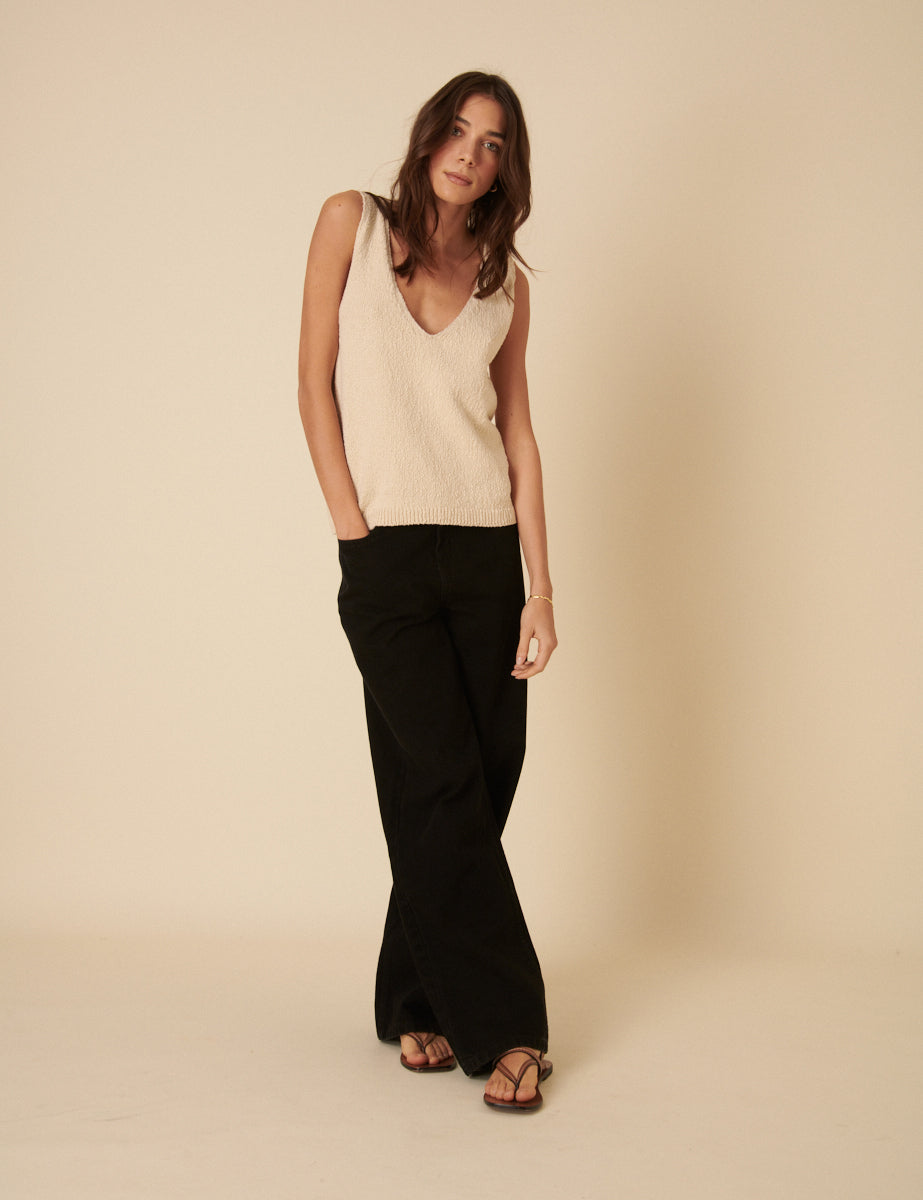 Cream Slash Neck Sleeveless Knitted Vest