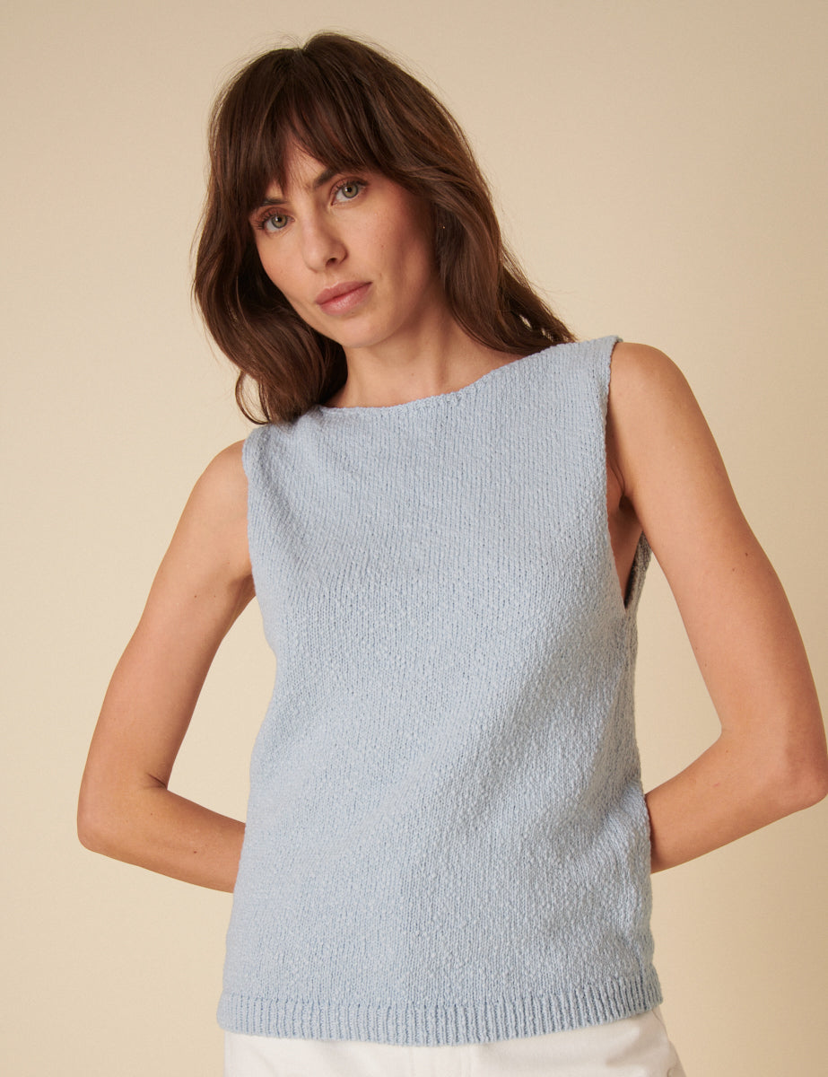 Blue Slash Neck Sleeveless Knitted Vest