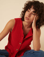 Red Textured Knitted Waistcoat