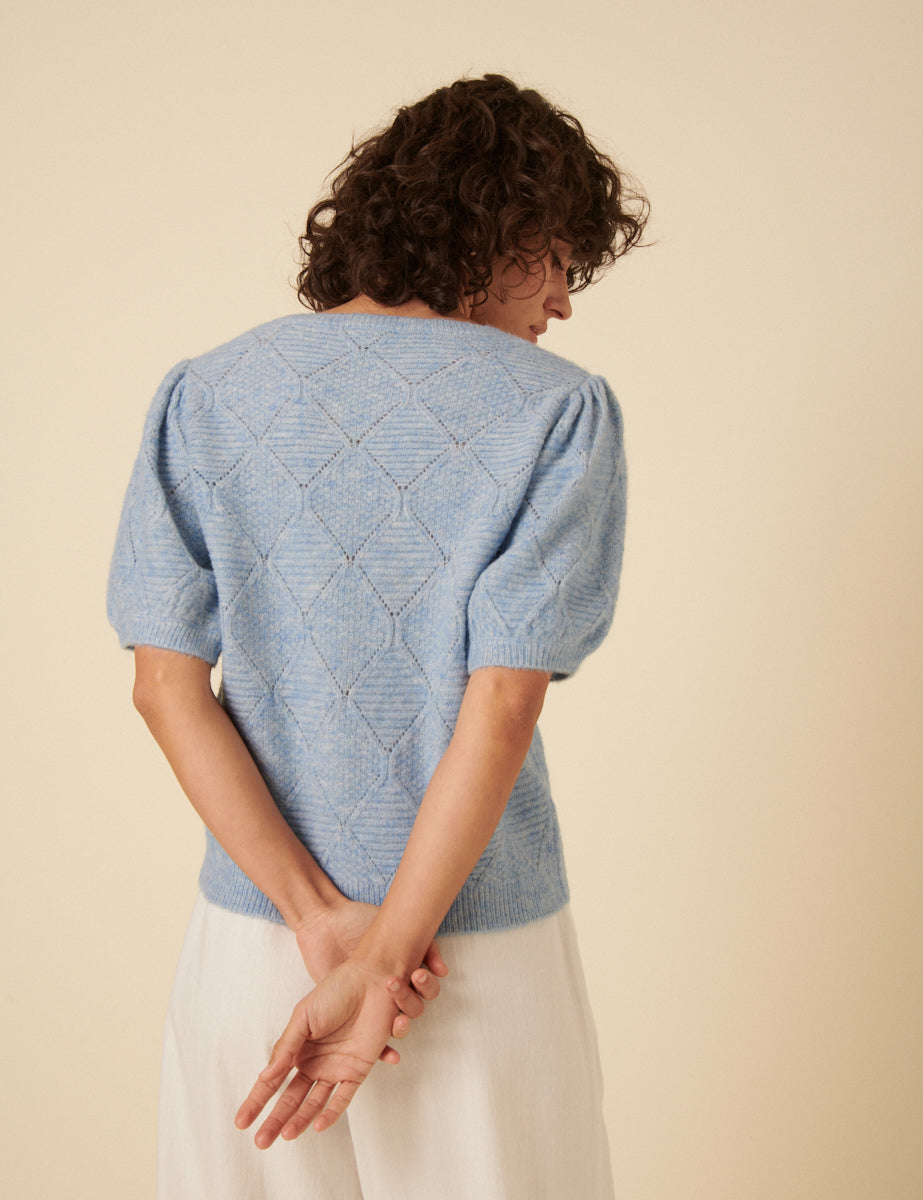 Blue Pointelle Wool Blend Knitted Top