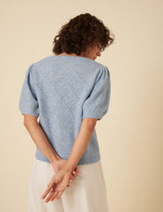 Blue Pointelle Wool Blend Knitted Top