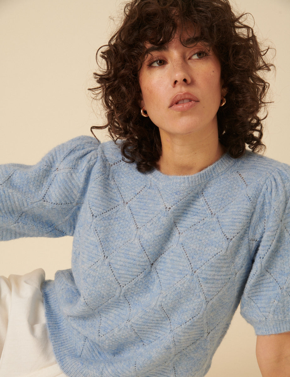 Blue Pointelle Wool Blend Knitted Top