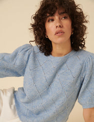 Blue Pointelle Wool Blend Knitted Top