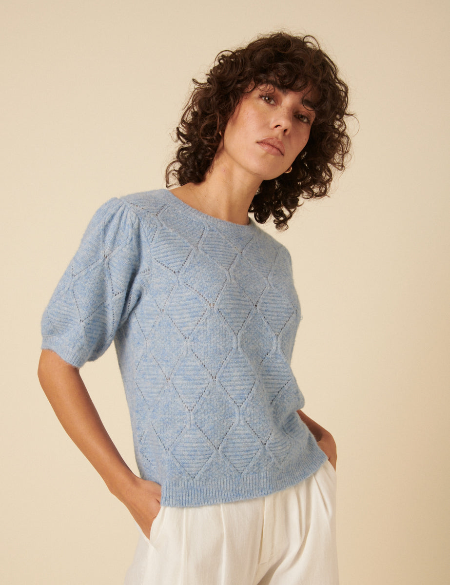 Blue Pointelle Wool Blend Knitted Top