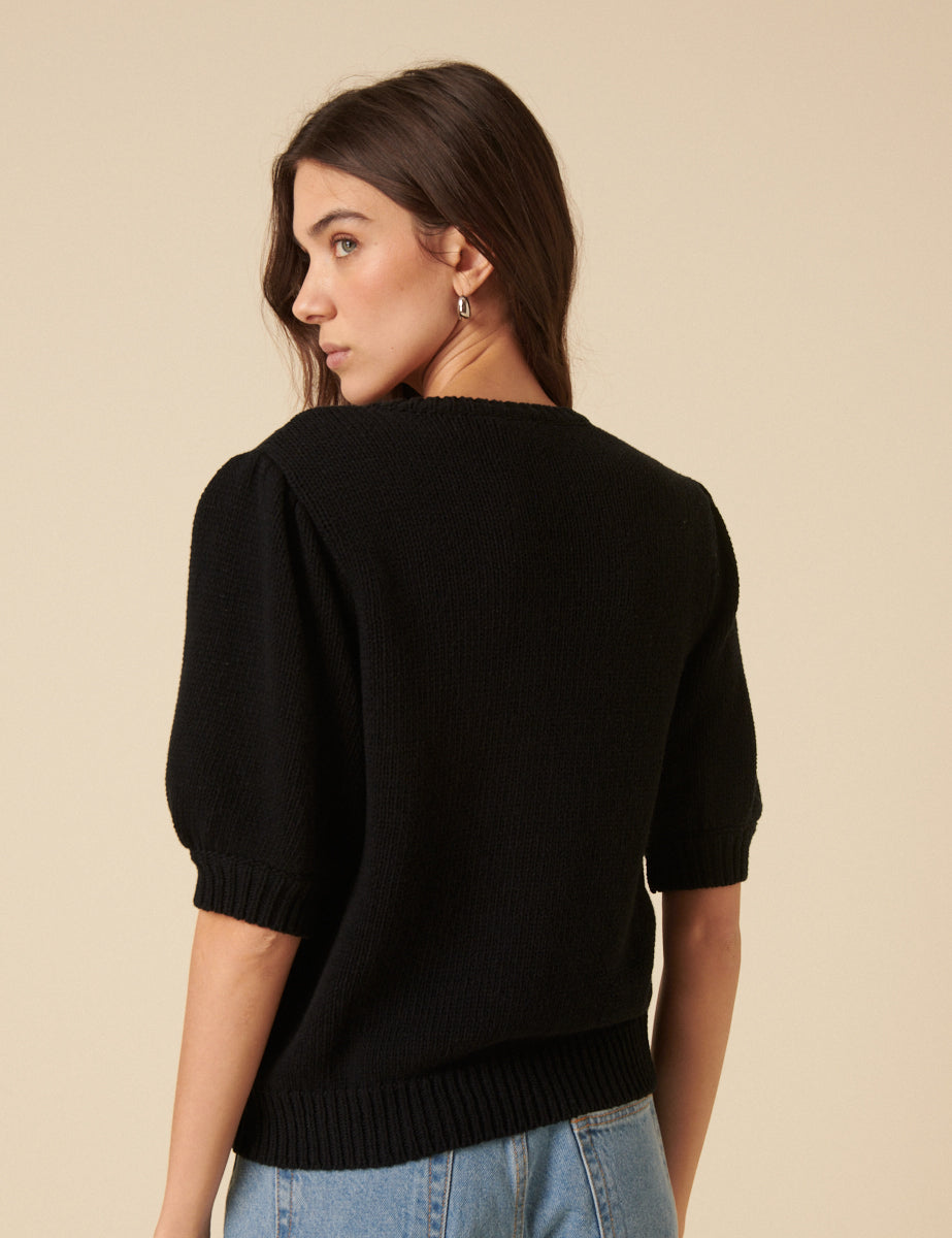 Black Floral Embroidered Knitted Cardigan