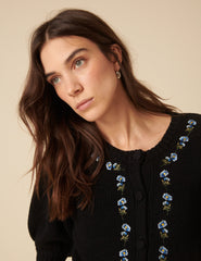 Black Floral Embroidered Knitted Cardigan