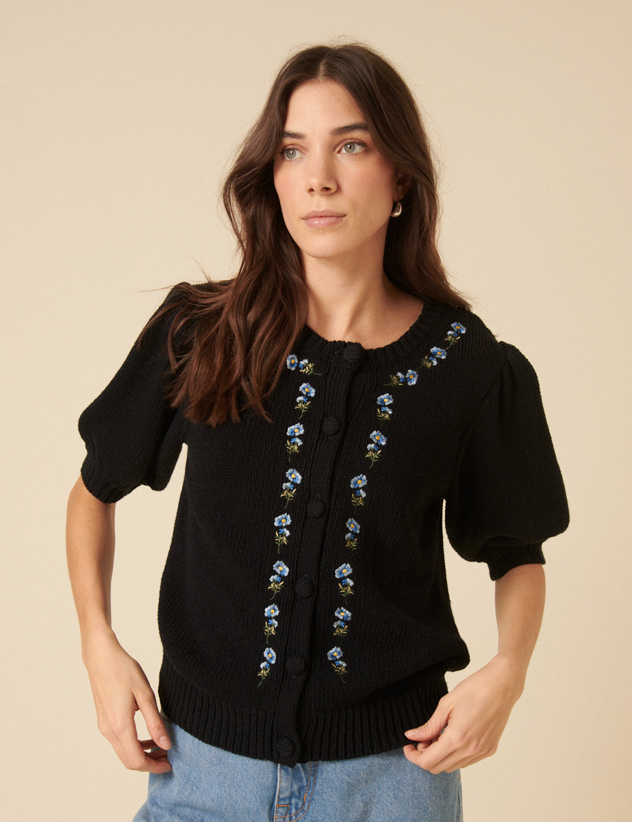 Black Floral Embroidered Knitted Cardigan