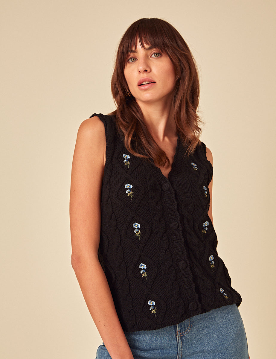 Black Floral Embroidered Knitted Waistcoat