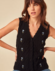Black Floral Embroidered Knitted Waistcoat