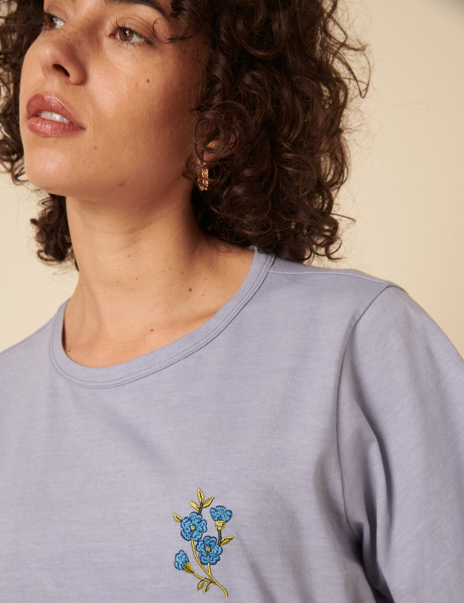 Blue Floral Embroidered T-Shirt