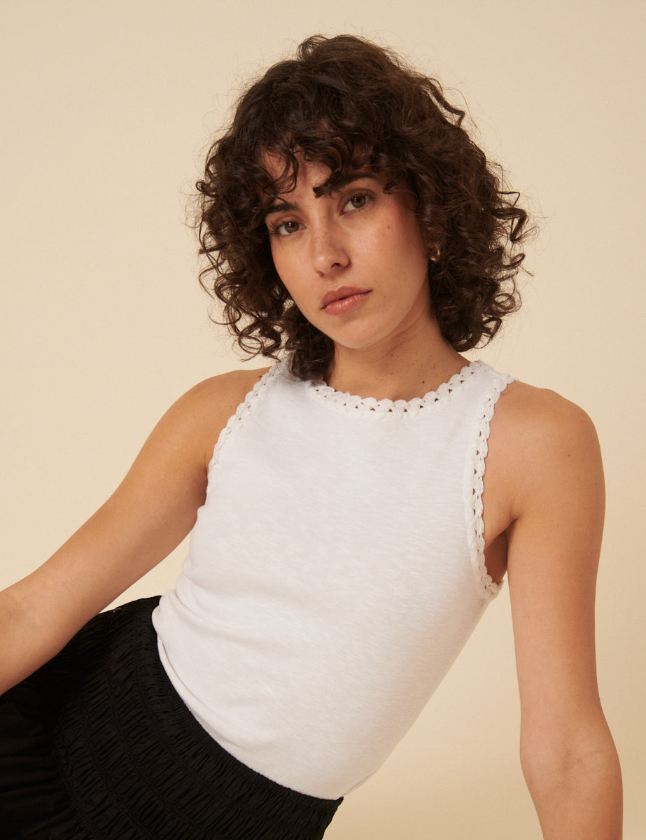 White Crochet Trim Racer Vest Top