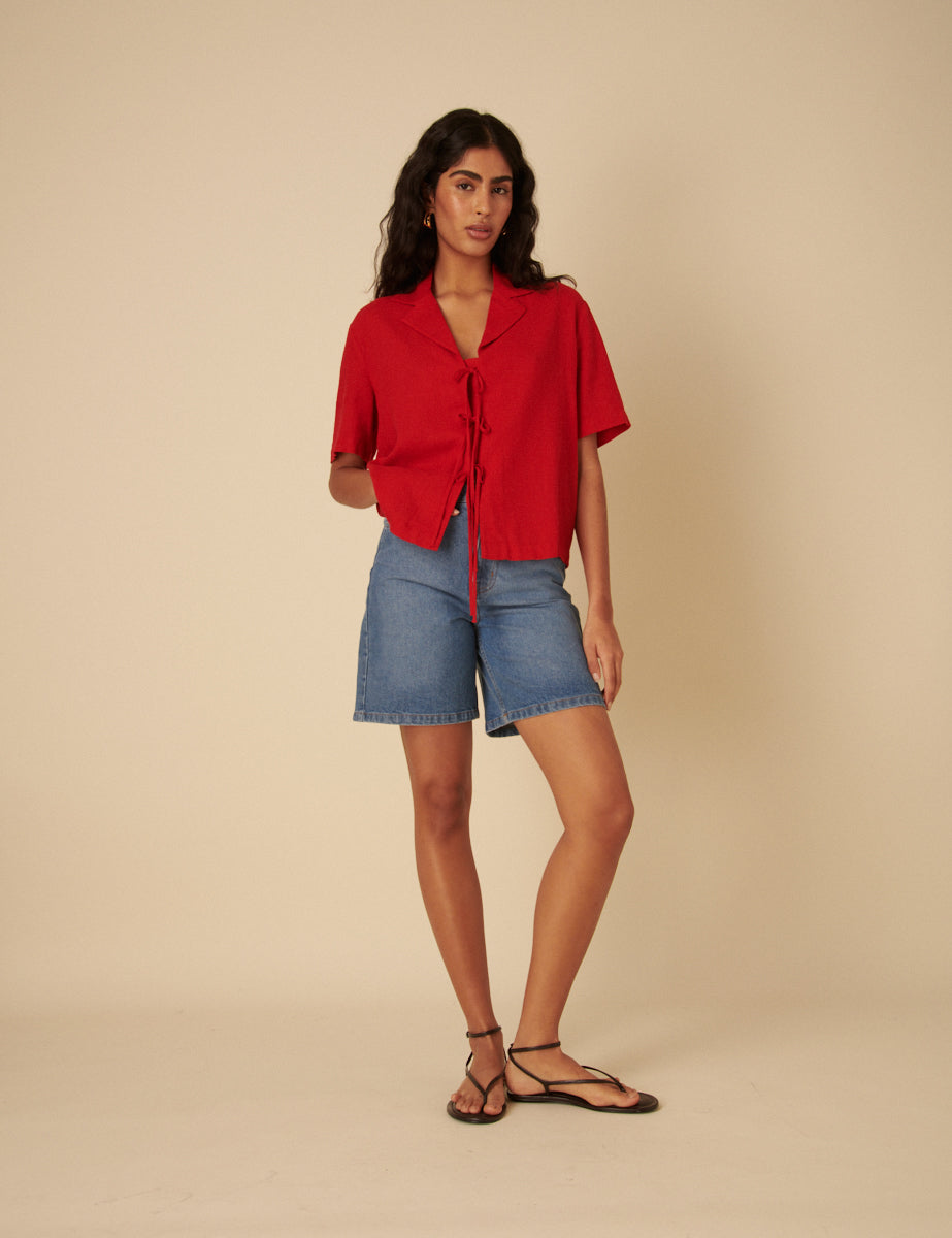 Red Linen-blend Tie Front Shirt