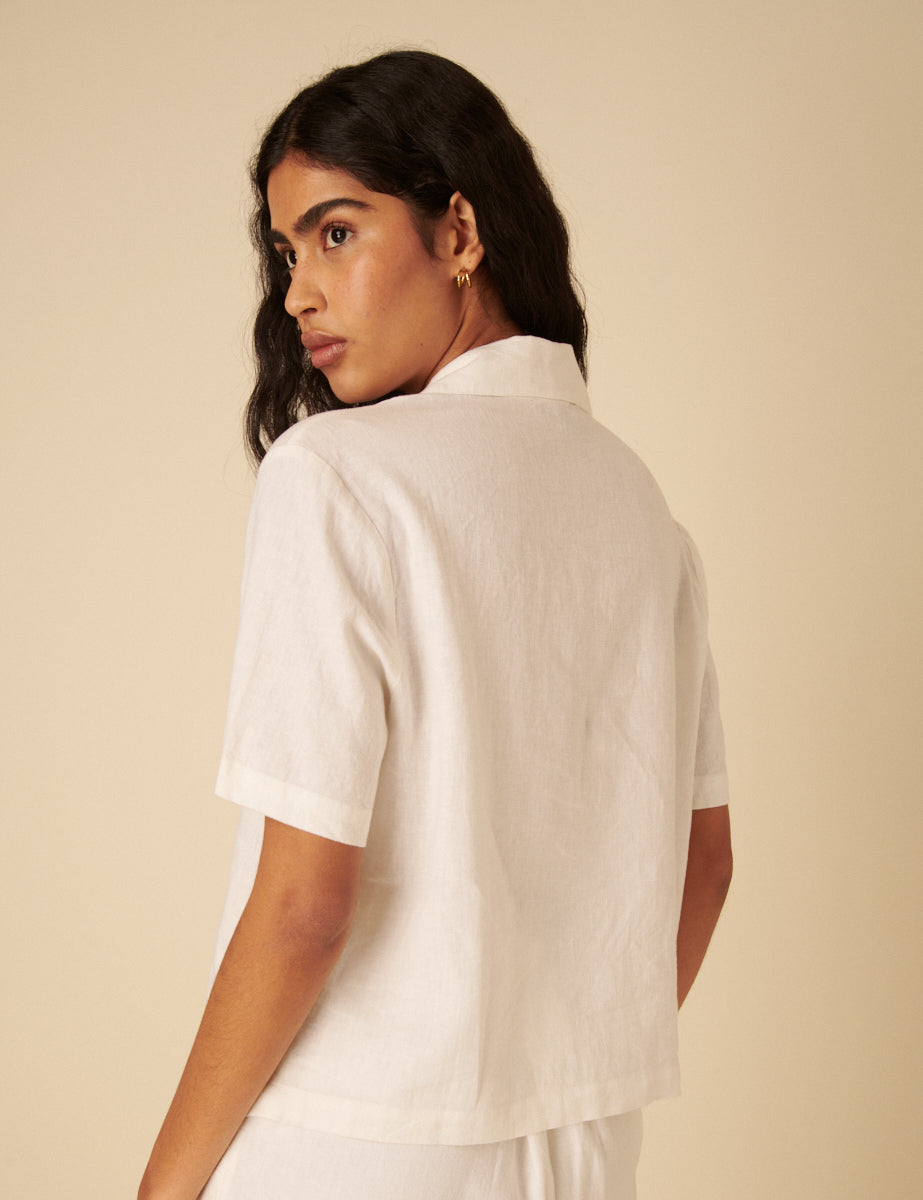 White Linen-blend Tie Front Shirt
