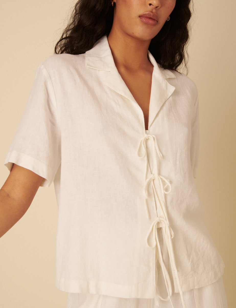 White Linen-blend Tie Front Shirt