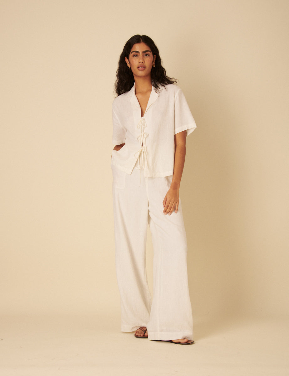 White Linen-blend Tie Front Shirt