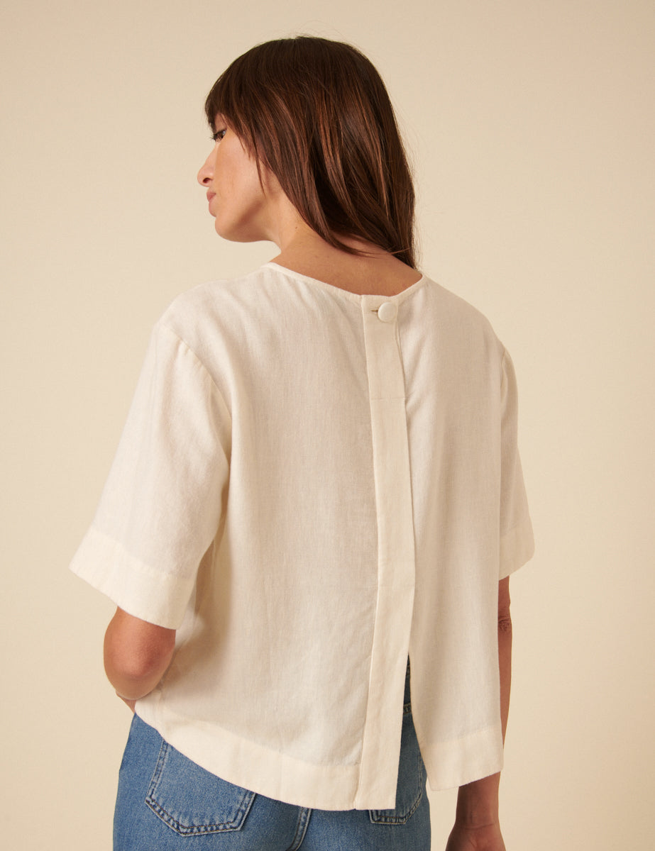 Cream Linen-blend Short-Sleeve Top