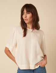 Cream Linen-blend Short-Sleeve Top