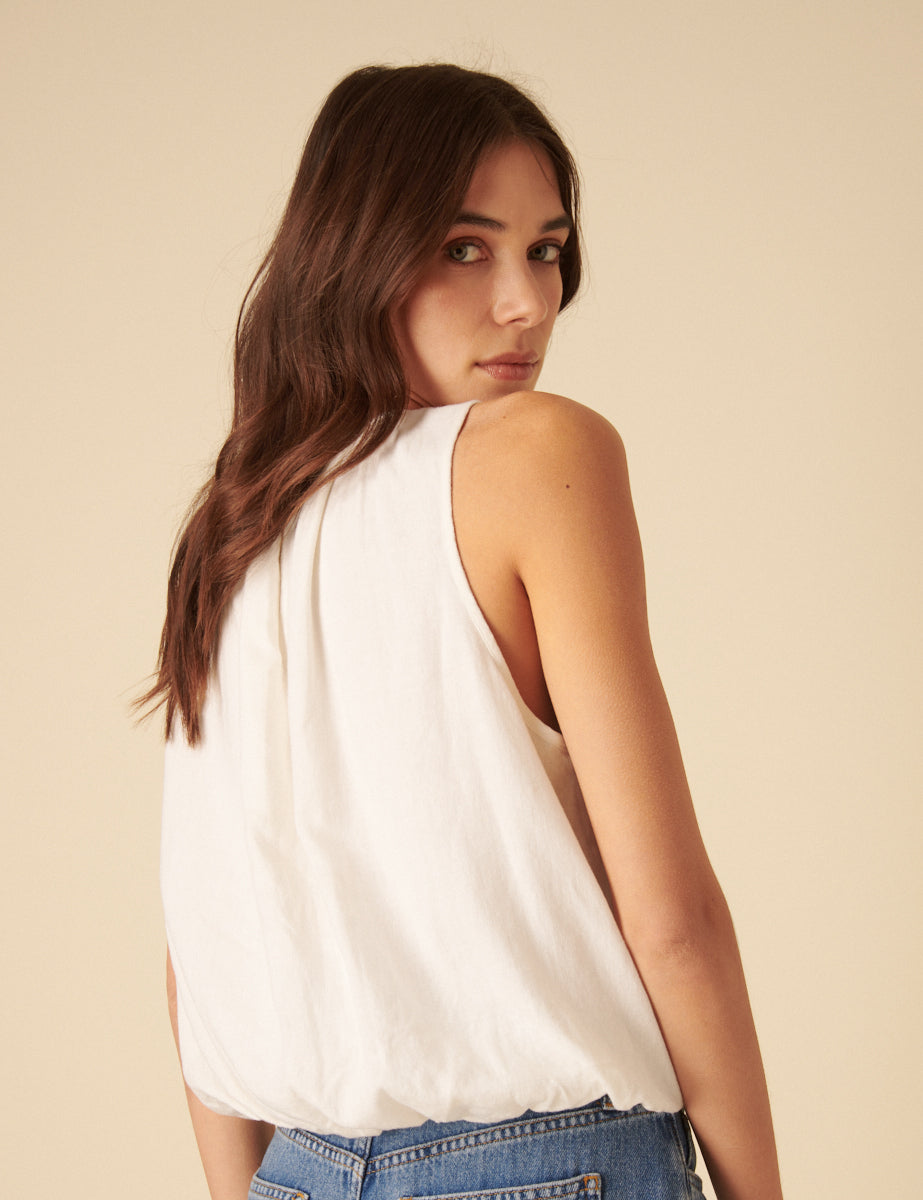 White Linen-blend Sleeveless Bubble Hem Top