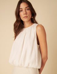 White Linen-blend Sleeveless Bubble Hem Top