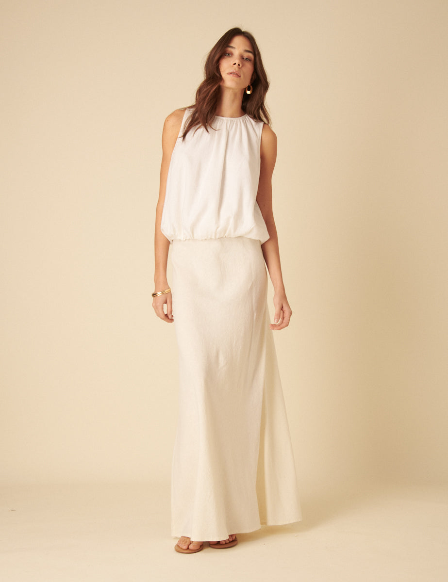 White Linen-blend Sleeveless Bubble Hem Top