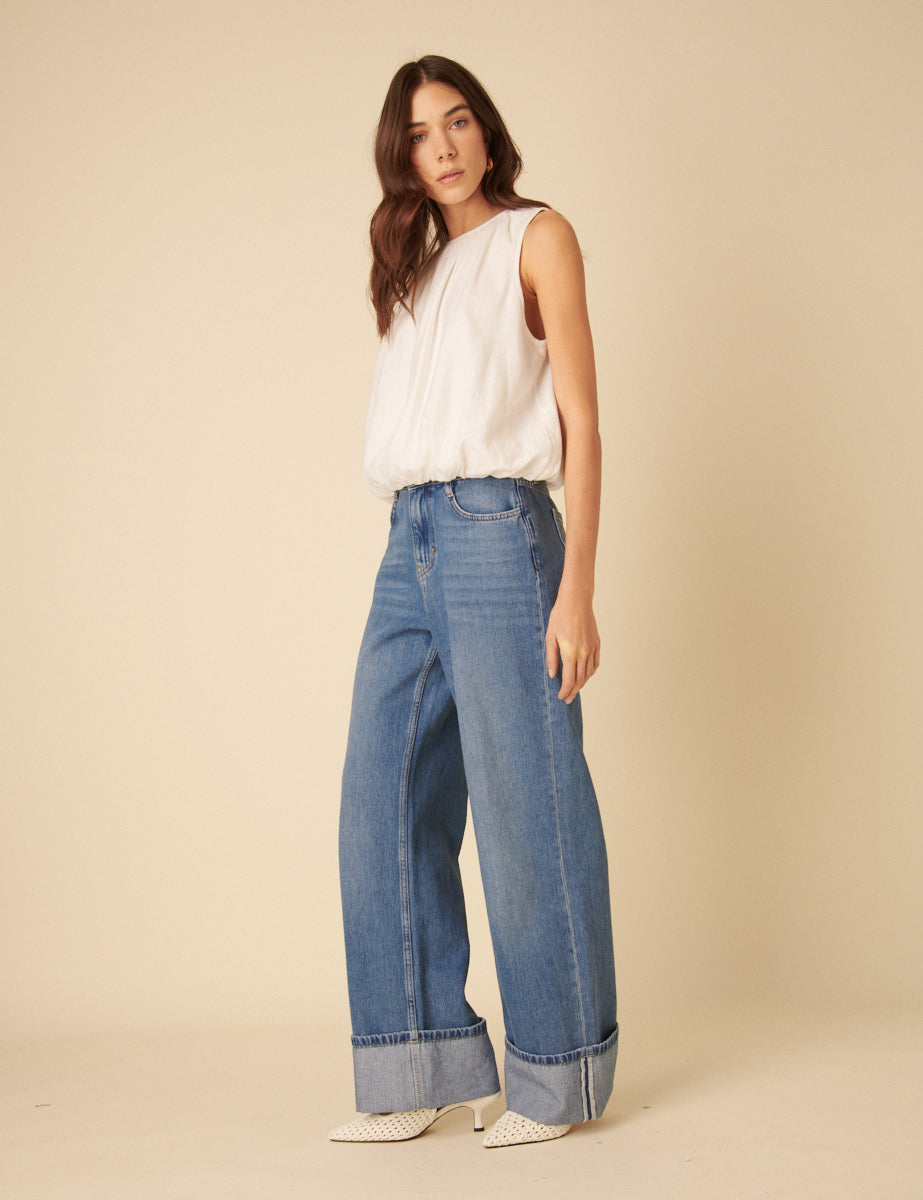 White Linen-blend Sleeveless Bubble Hem Top