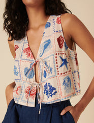 Cream Shell Print Tie Front Top