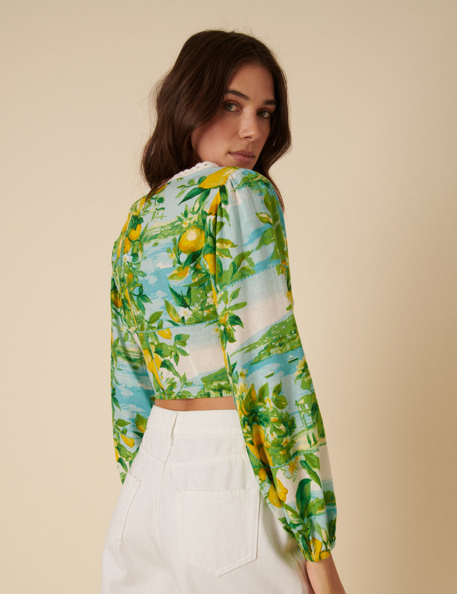 Green Lemon Print Crop Top