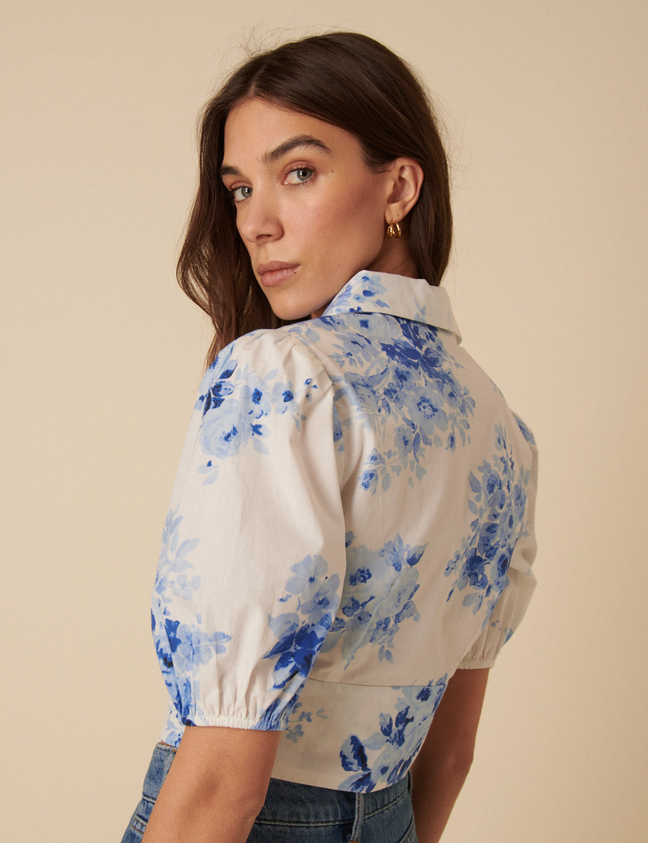 Blue Watercolour Floral Tailored Top